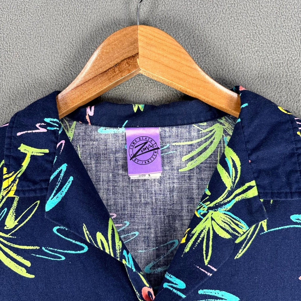 Jantzen Shirt Large Blue Zuma Beach Neon Hawaiian Pineapple Vintage Camp Collar - Picture 6 of 8